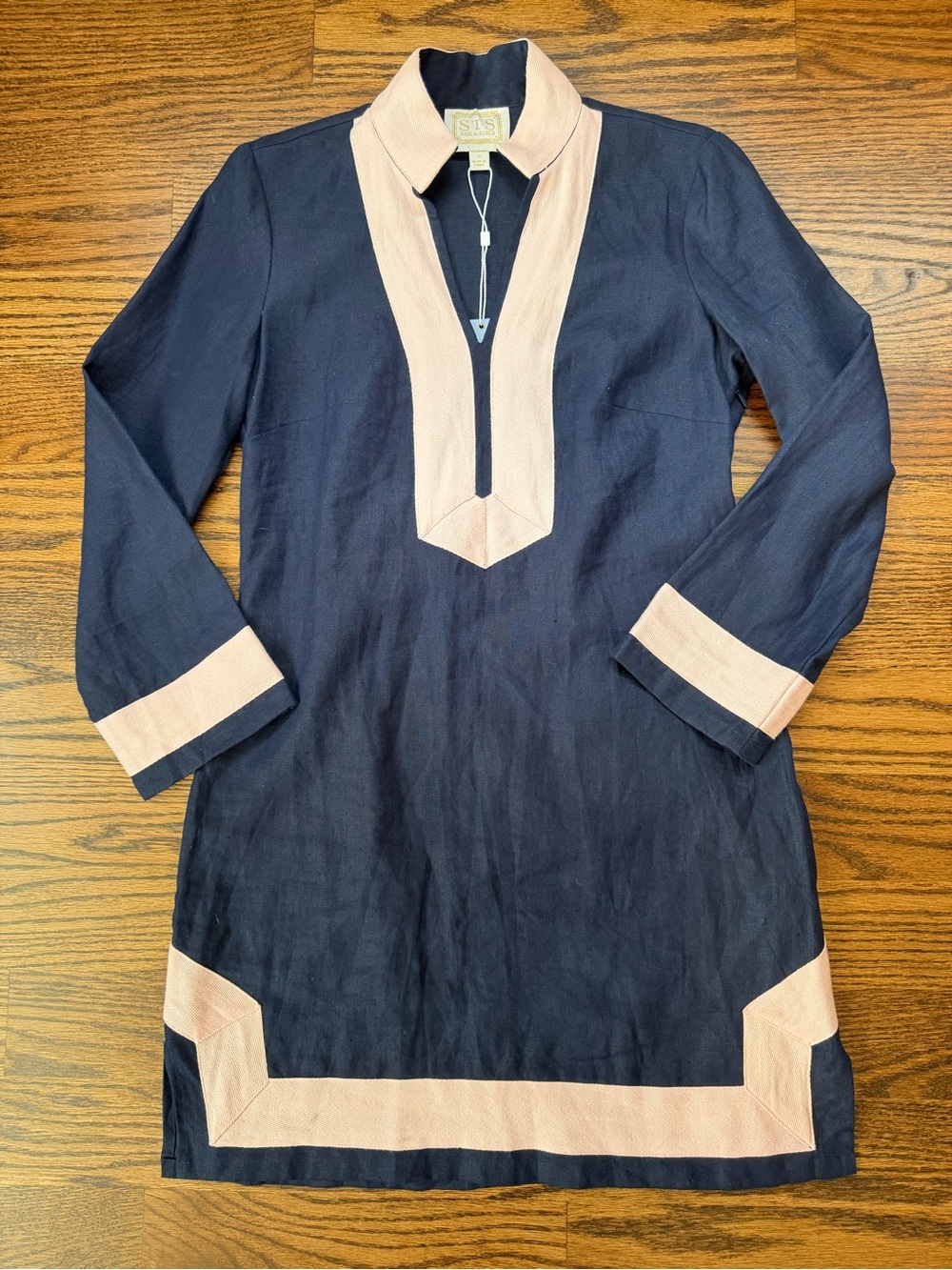 Sail to Sable Linen Navy Tunic Dress with Blush/Light Pink Trim